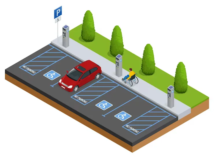 A vibrant 3D illustration of an inclusive parking lot with designated spaces for handicapped parking, featuring a red car, a cyclist, modern amenities, and lush greenery. parking count. عدد مواقف السيارات