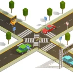 Intersection Traffic Counts A vibrant 3D isometric view of a bustling city intersection with diverse vehicles and pedestrian pathways. تقاطعات حركة المرورintersection sign Intersection Traffic Counts