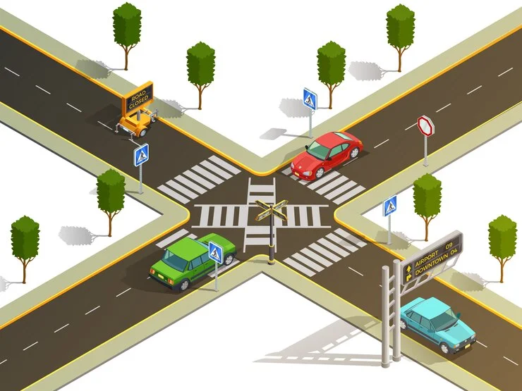 Intersection Traffic Counts A vibrant 3D isometric view of a bustling city intersection with diverse vehicles and pedestrian pathways. تقاطعات حركة المرورintersection sign Intersection Traffic Counts