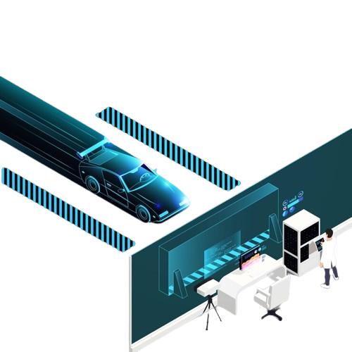 A digital illustration of a futuristic car undergoing a virtual reality testing procedure, with a technician operating the equipment.المشاة عد