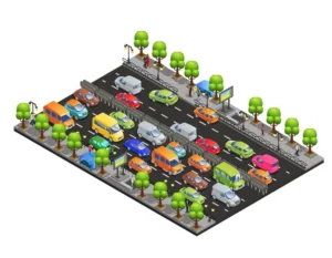 A 3D illustration of a busy street with various colored cars, green trees lining the sidewalks, and pedestrians waiting at crosswalks.تقاطعات حركة المرور Intersection Traffic Counts