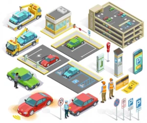 An illustrated image showing a busy parking area with various cars, parking meters, signs, and workers. عدد مواقف السيارات