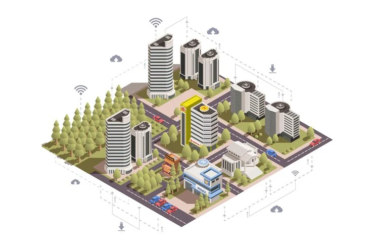 Isometric view of Saudi Arabia’s smart city landscape, highlighting Big Data Analytics infrastructure.