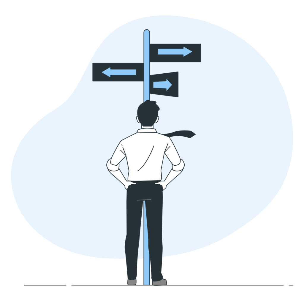 Person contemplating direction at a multi-arrow signpost. Turning Movement Count