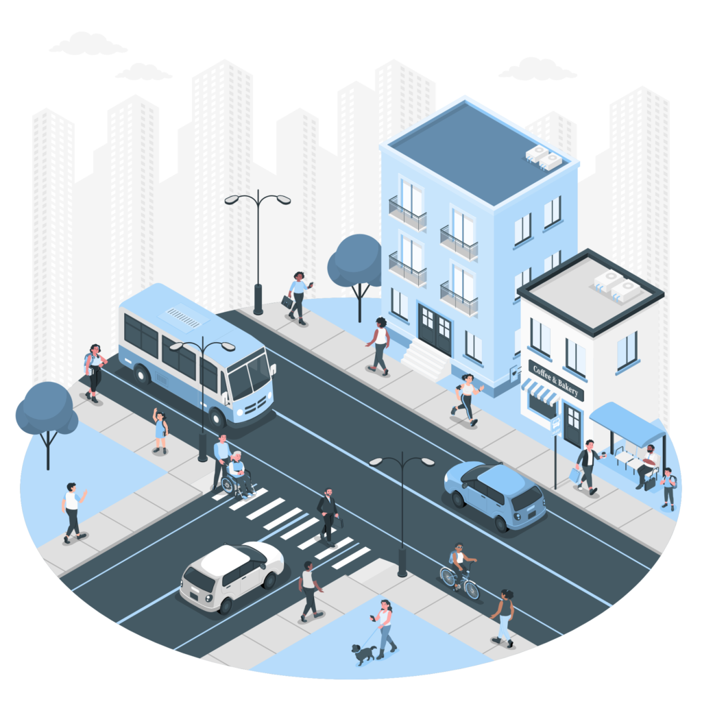 Busy intersection with vehicles and pedestrians, illustrating Turning Movement Count.