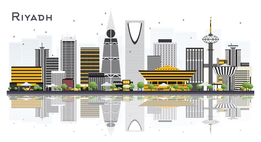 Big Data Analytics Riyadh city skyline illustration with iconic buildings reflecting on water.