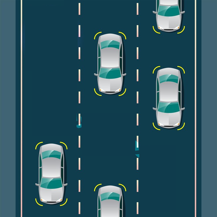 Overhead view of traffic flow with highlighted vehicle tracking, showcasing a traffic counter system in action.