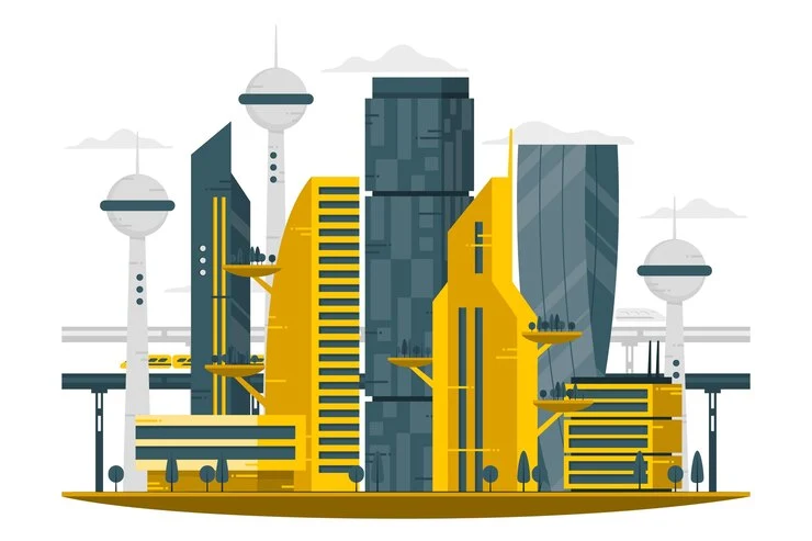 Big Data Analytics Futuristic cityscape illustration with modern buildings and transportation systems.