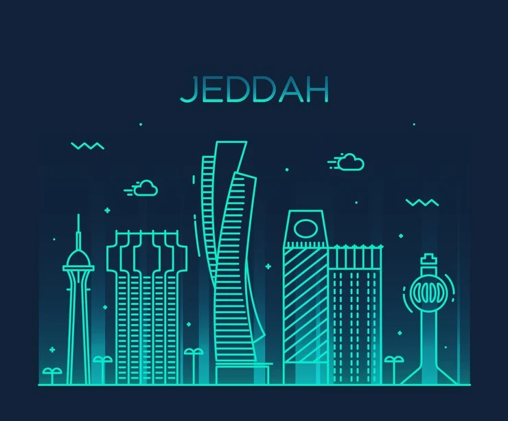 Big Data Analytics Jeddah city skyline illustration with modern buildings in neon style.