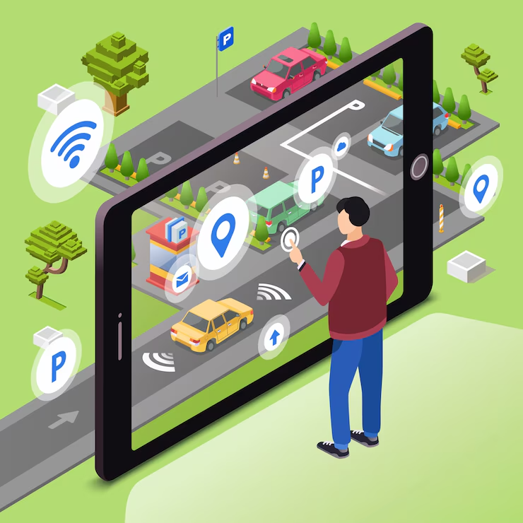 Isometric illustration of a person using a smartphone to navigate a parking area with digital icons for WiFi, parking, and location services, reflecting real-world Traffic Surveys.