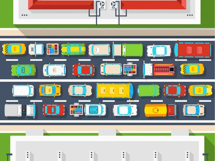 Isometric view of a multi-lane road with diverse traffic representing AADT.