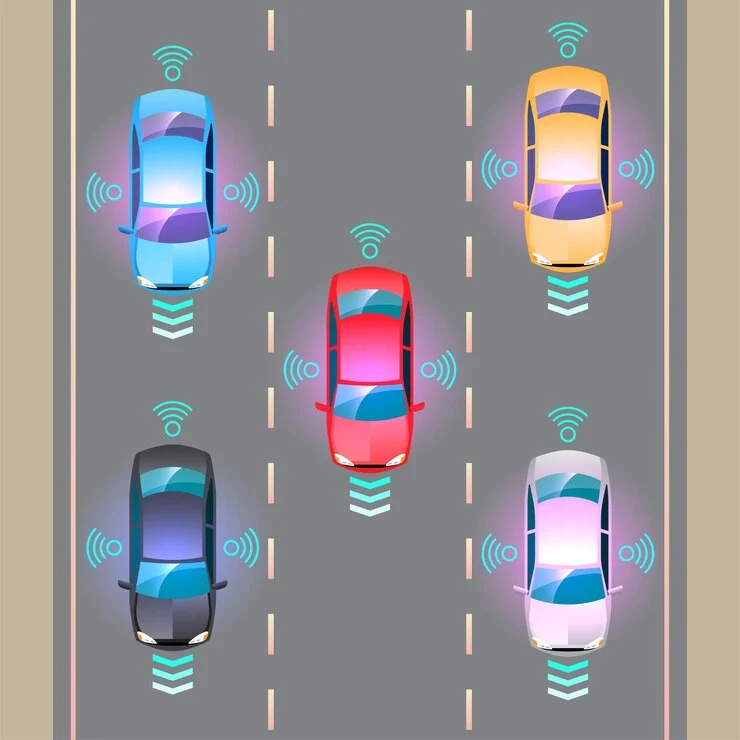 Illustration of five cars with wireless signals on a three-lane road, indicating advanced traffic monitoring technology.