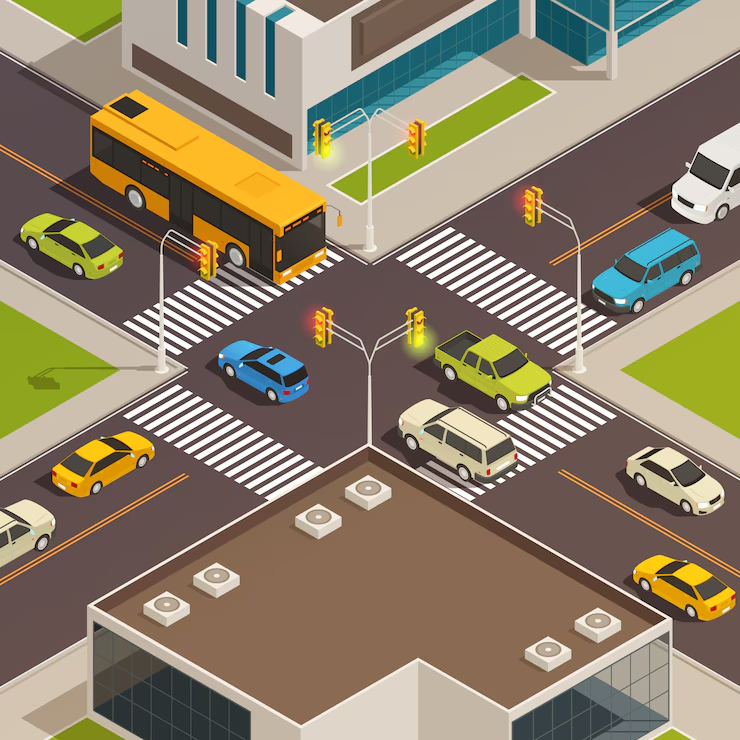 Isometric illustration of a busy city intersection with various vehicles, including cars, buses, and traffic lights. traffic counter services