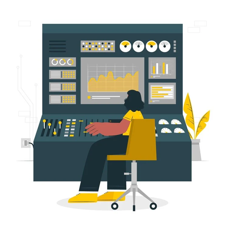 Illustration of a person sitting at a control panel, monitoring traffic counter services and gauges on multiple screens.