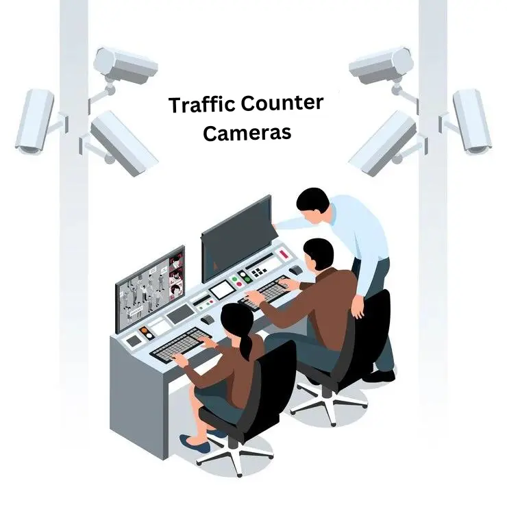 An isometric illustration showing two individuals monitoring traffic counter cameras at a control desk with multiple screens displaying various angles of traffic.
