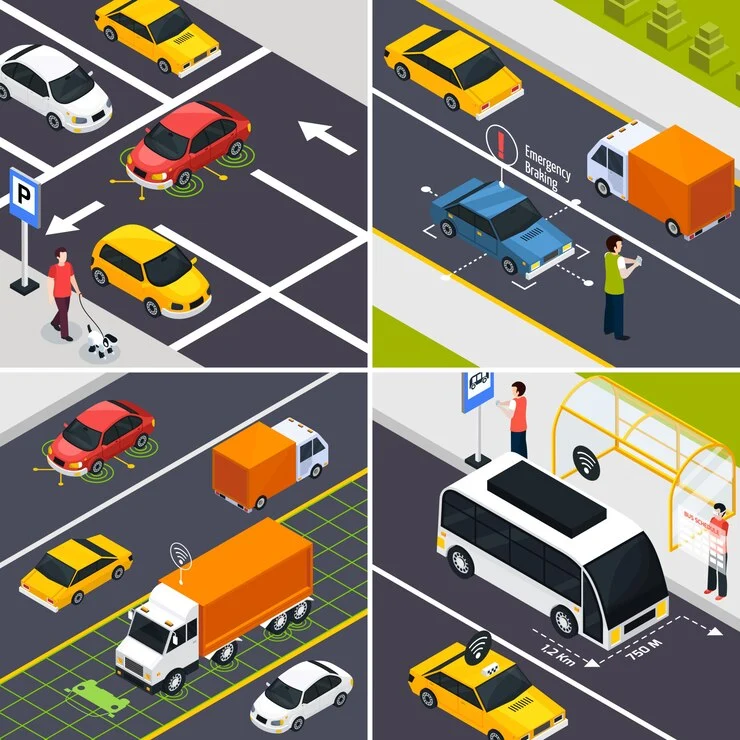 An isometric illustration depicting various vehicles and pedestrians on a city street, showcasing a traffic counter system in operation.
