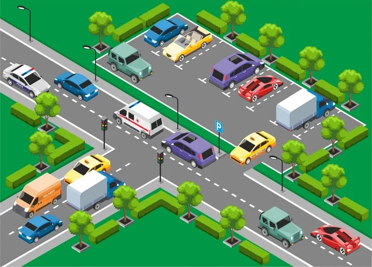 An isometric illustration of a busy intersection with various vehicles including cars, a bus, and trucks, indicating a scene that could be used for traffic counting services.