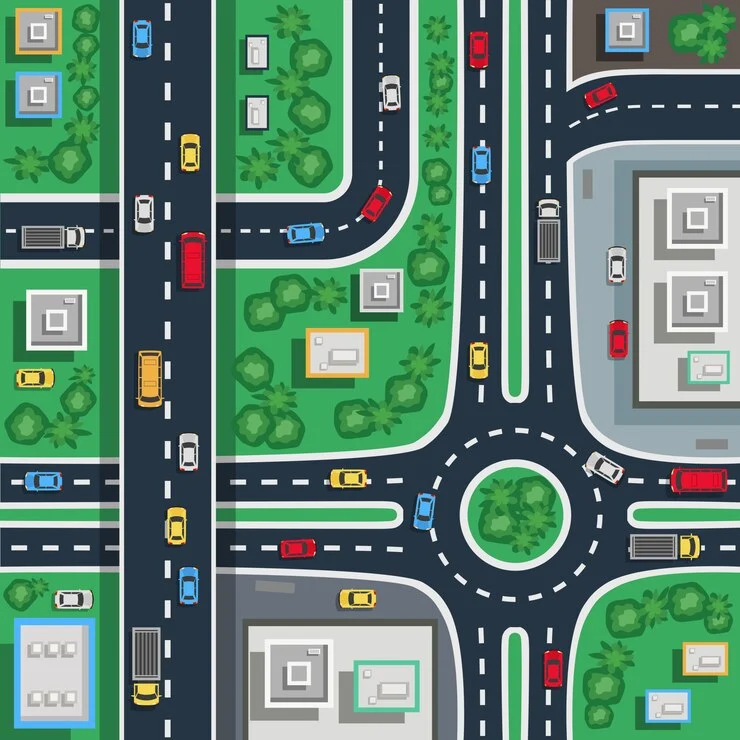 Aerial view of a busy intersection with traffic counting solutions in action
