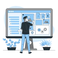 classification A person is interacting with a large computer interface, arranging various elements on the screen.